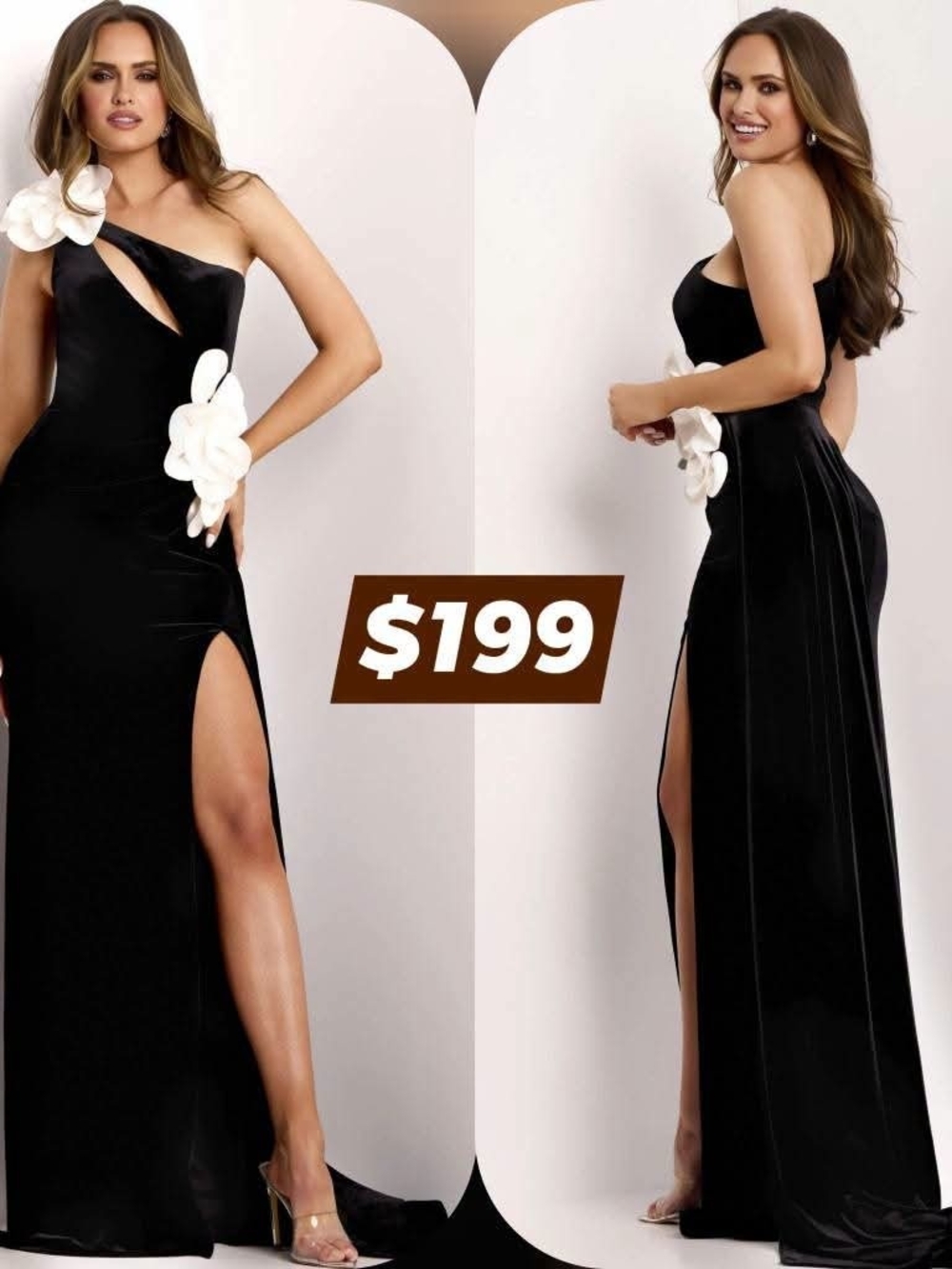 Jovani Black One-Shoulder Evening Gown with White Floral Appliqués